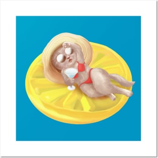 Cat Floating On Lemon Pool Float Posters and Art